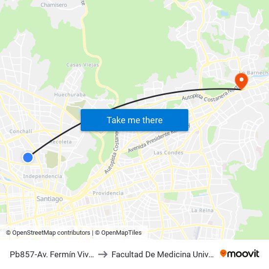 Pb857-Av. Fermín Vivaceta / Esq. Juliet to Facultad De Medicina Universidad Del Desarrollo map