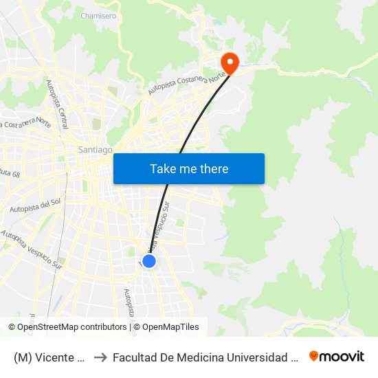 (M) Vicente Valdés to Facultad De Medicina Universidad Del Desarrollo map