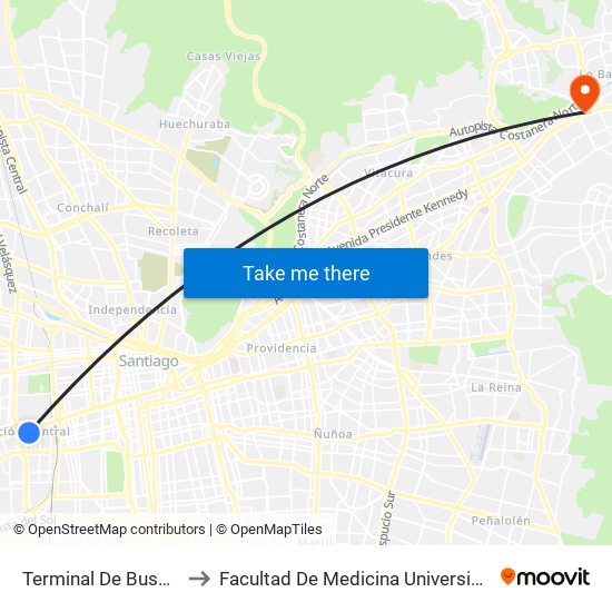 Terminal De Buses Alameda to Facultad De Medicina Universidad Del Desarrollo map