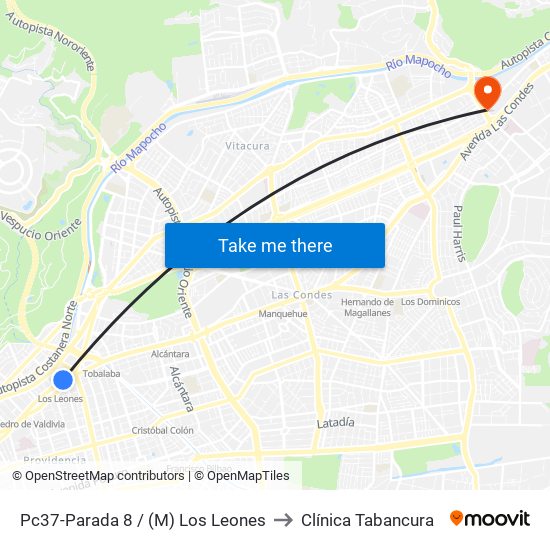 Pc37-Parada 8 / (M) Los Leones to Clínica Tabancura map