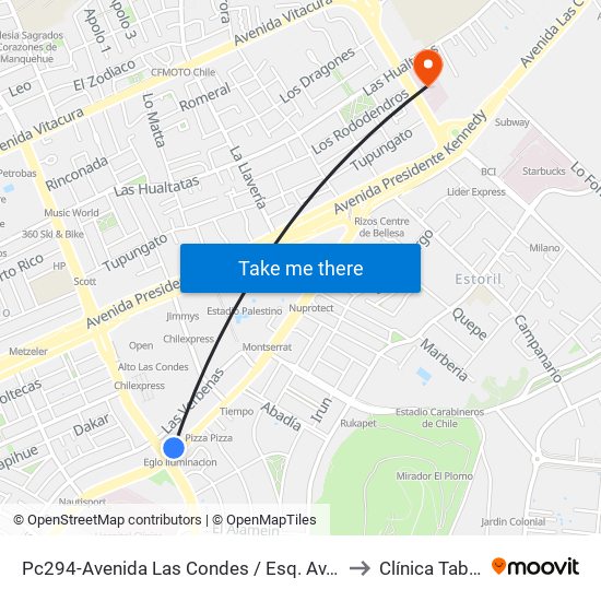 Pc294-Avenida Las Condes / Esq. Av. Padre H. Central to Clínica Tabancura map