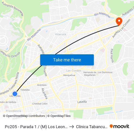 Pc205 - Parada 1 / (M) Los Leones to Clínica Tabancura map