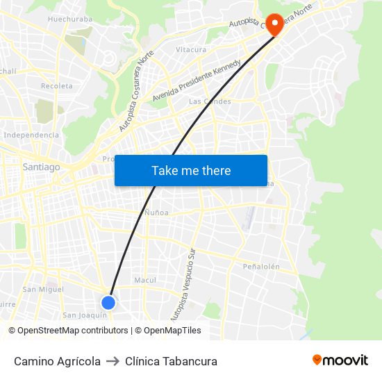 Camino Agrícola to Clínica Tabancura map