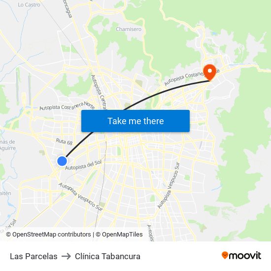 Las Parcelas to Clínica Tabancura map