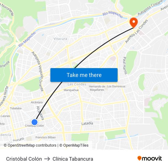Cristóbal Colón to Clínica Tabancura map