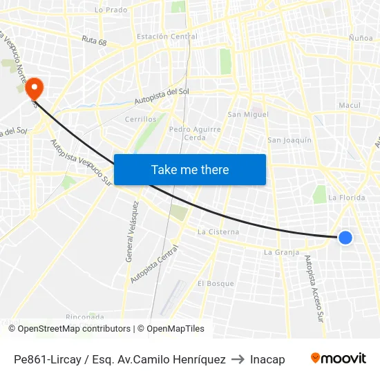 Pe861-Lircay / Esq. Av.Camilo Henríquez to Inacap map