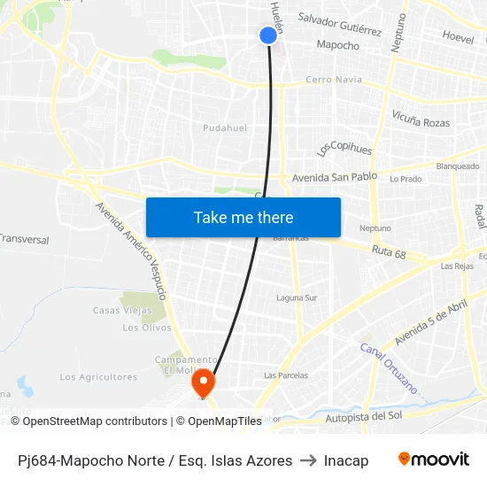 Pj684-Mapocho Norte / Esq. Islas Azores to Inacap map