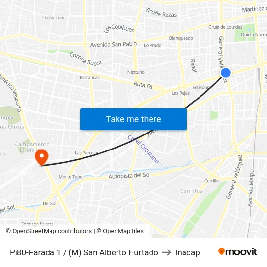 Pi80-Parada 1 / (M) San Alberto Hurtado to Inacap map