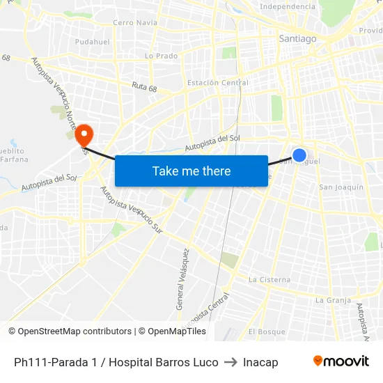 Ph111-Parada 1 / Hospital Barros Luco to Inacap map