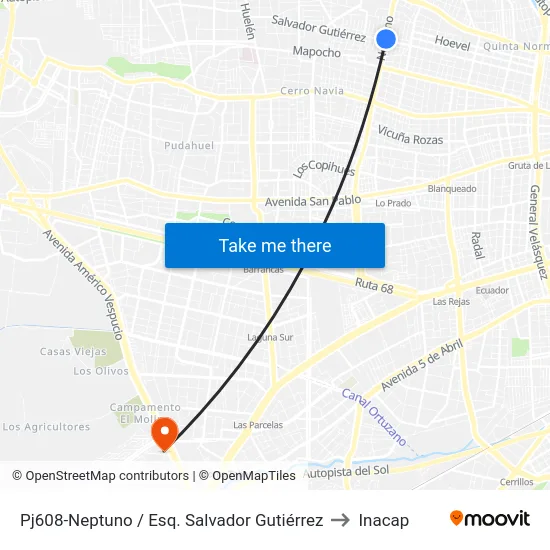 Pj608-Neptuno / Esq. Salvador Gutiérrez to Inacap map