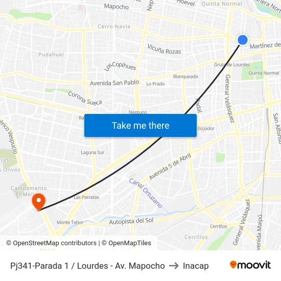 Pj341-Parada 1 / Lourdes - Av. Mapocho to Inacap map