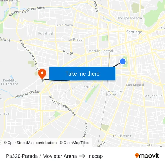 Pa320-Parada / Movistar Arena to Inacap map