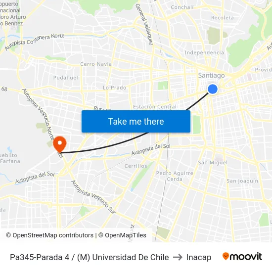 Pa345-Parada 4 / (M) Universidad De Chile to Inacap map