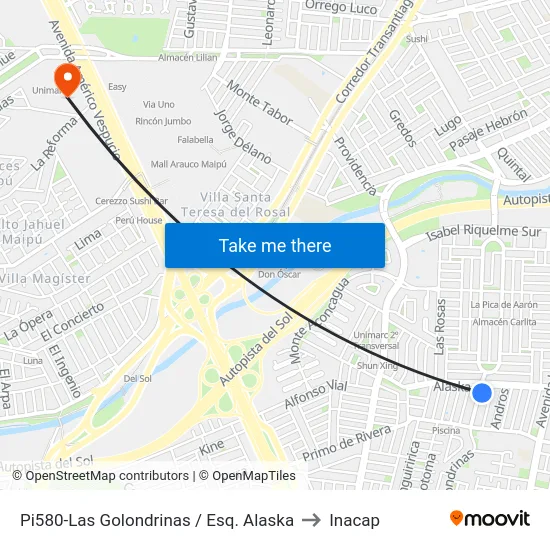 Pi580-Las Golondrinas / Esq. Alaska to Inacap map