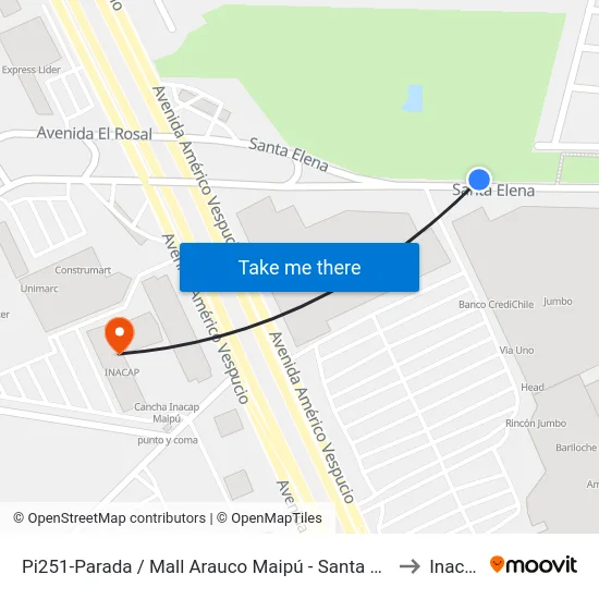 Pi251-Parada / Mall Arauco Maipú - Santa Elena to Inacap map