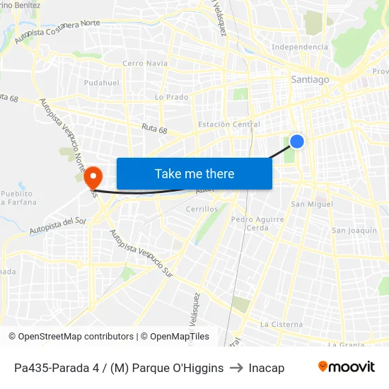 Pa435-Parada 4 / (M) Parque O'Higgins to Inacap map