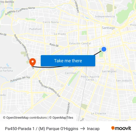 Pa450-Parada 1 / (M) Parque O'Higgins to Inacap map
