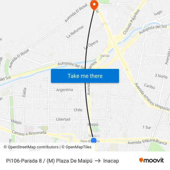 Pi106-Parada 8 / (M) Plaza De Maipú to Inacap map