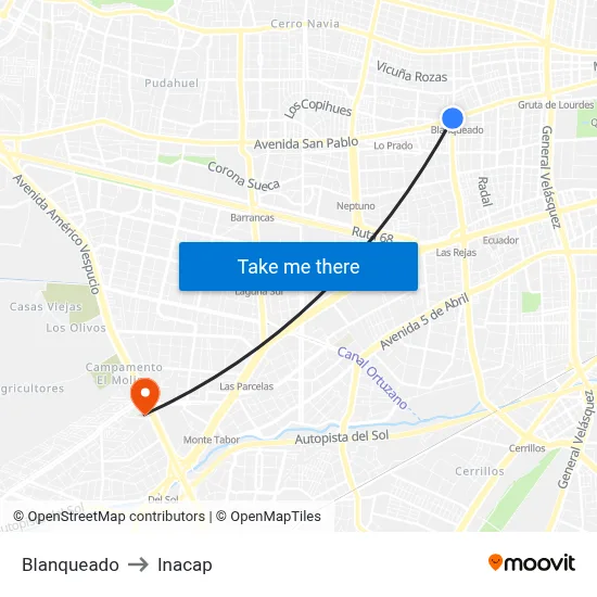 Blanqueado to Inacap map