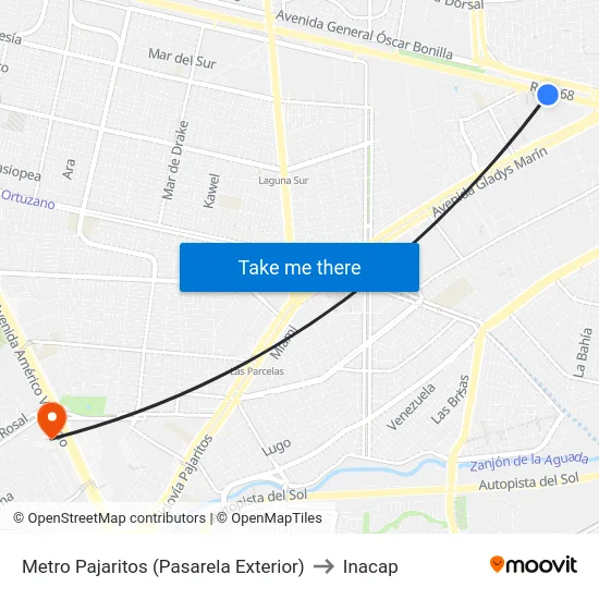Metro Pajaritos (Pasarela Exterior) to Inacap map