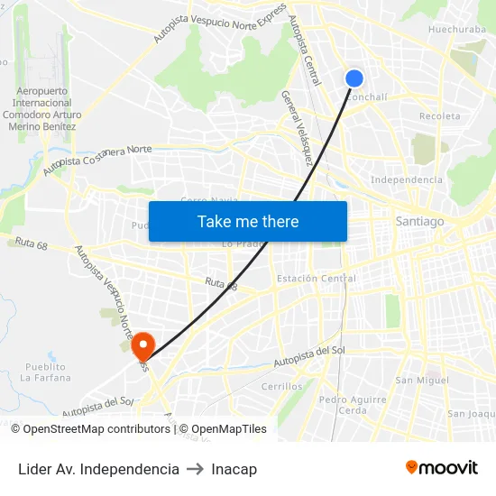 Lider Av. Independencia to Inacap map