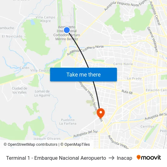 Terminal 1 - Embarque Nacional Aeropuerto to Inacap map