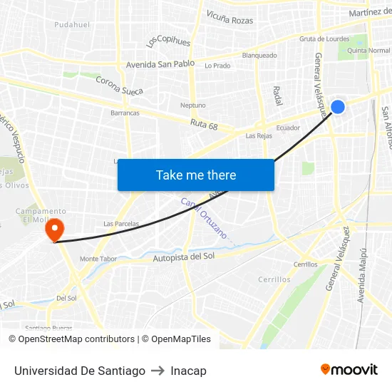 Universidad De Santiago to Inacap map