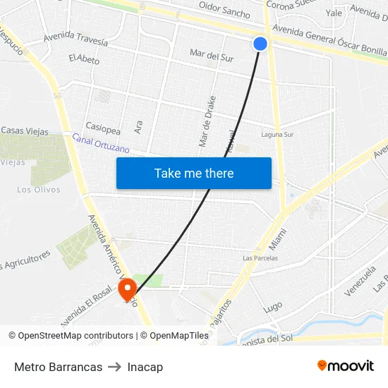 Metro Barrancas to Inacap map