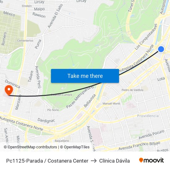 Pc1125-Parada / Costanera Center to Clínica Dávila map