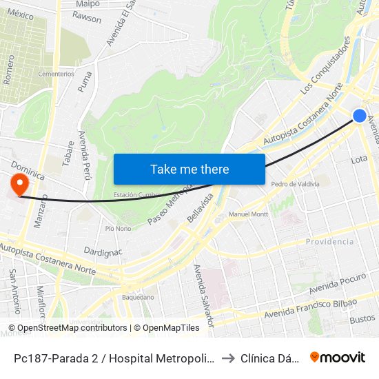 Pc187-Parada 2 / Hospital Metropolitano to Clínica Dávila map
