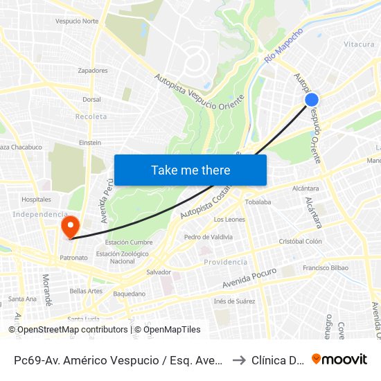 Pc69-Av. Américo Vespucio / Esq. Avenida Vitacura to Clínica Dávila map