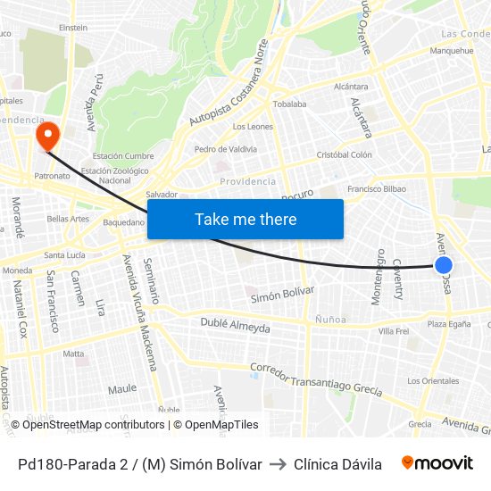 Pd180-Parada 2 / (M) Simón Bolívar to Clínica Dávila map