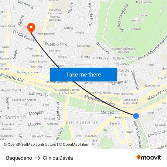 Baquedano to Clínica Dávila map