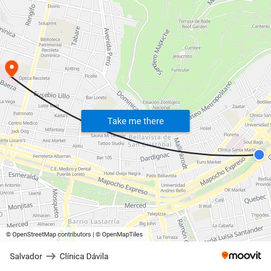 Salvador to Clínica Dávila map