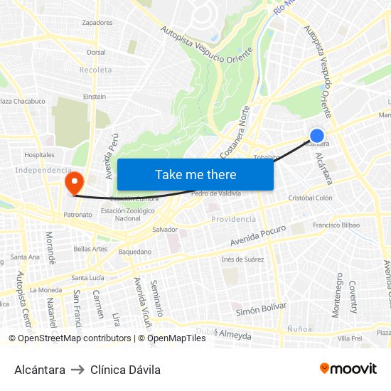 Alcántara to Clínica Dávila map