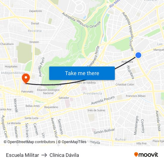 Escuela Militar to Clínica Dávila map