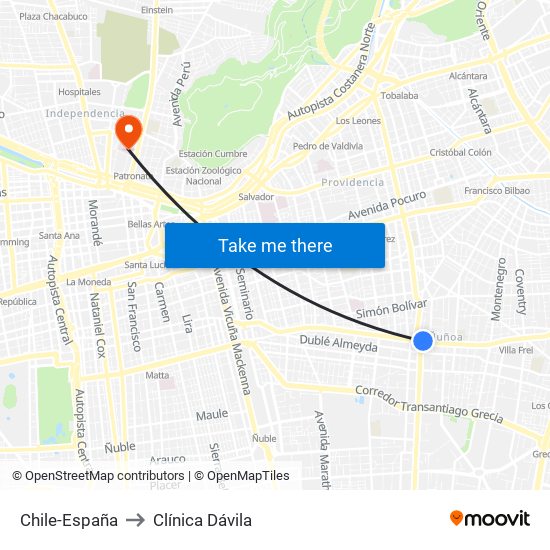 Chile-España to Clínica Dávila map
