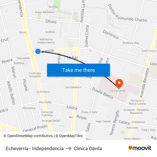 Echeverría - Independencia to Clínica Dávila map