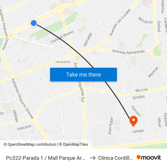Pc322-Parada 1 / Mall Parque Arauco to Clínica Cordillera map