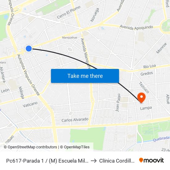 Pc617-Parada 1 / (M) Escuela Militar to Clínica Cordillera map