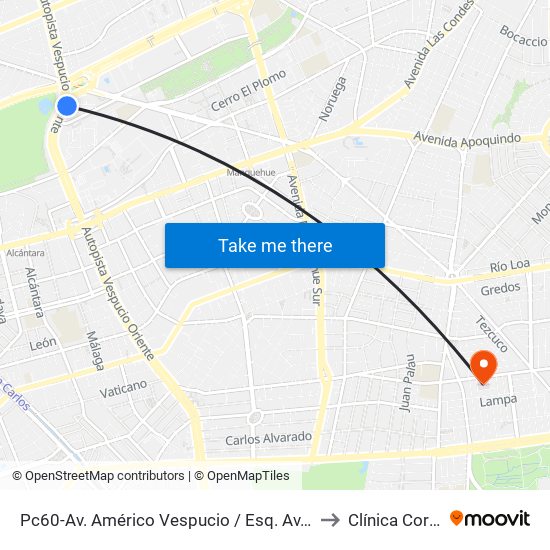 Pc60-Av. Américo Vespucio / Esq. Av. Pdte. Kennedy to Clínica Cordillera map