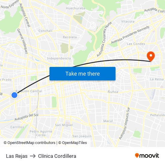 Las Rejas to Clínica Cordillera map