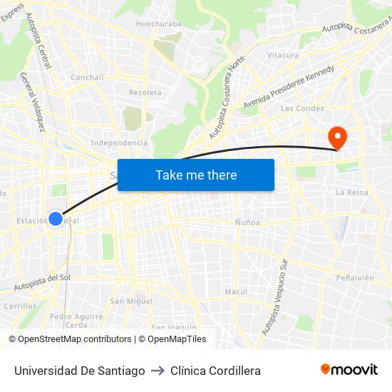 Universidad De Santiago to Clínica Cordillera map