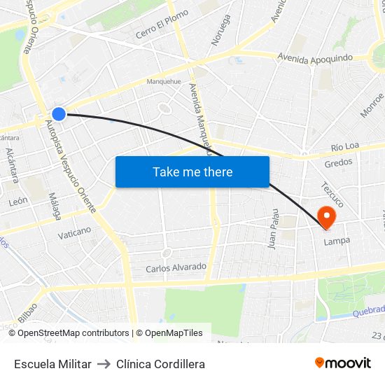 Escuela Militar to Clínica Cordillera map