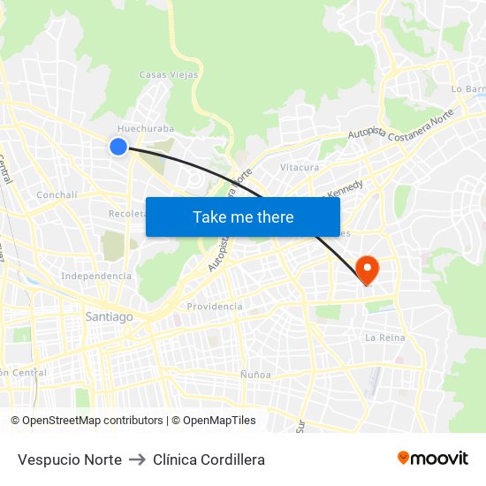 Vespucio Norte to Clínica Cordillera map