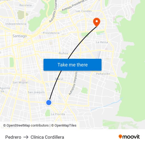 Pedrero to Clínica Cordillera map