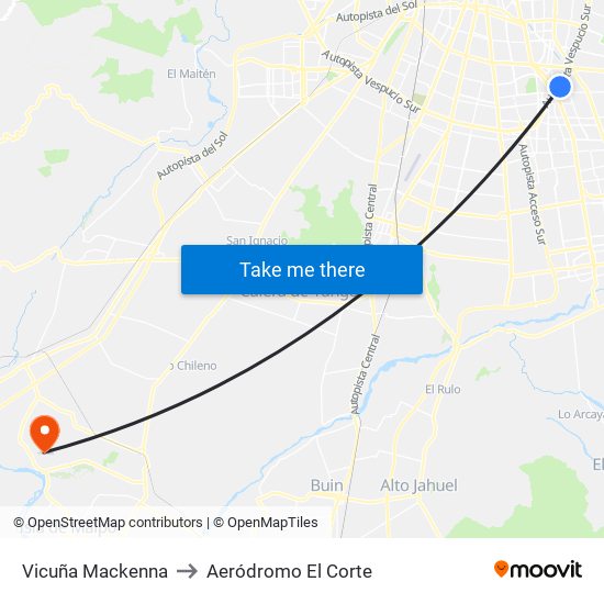 Vicuña Mackenna to Aeródromo El Corte map