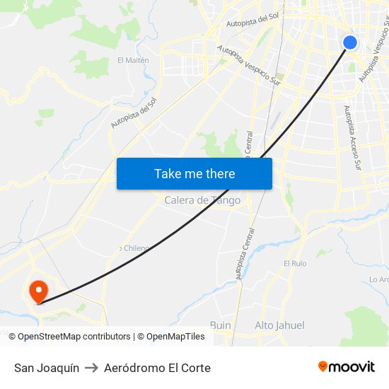 San Joaquín to Aeródromo El Corte map