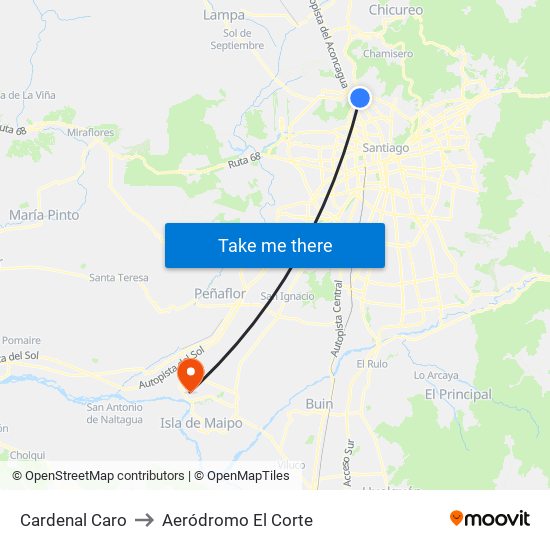 Cardenal Caro to Aeródromo El Corte map