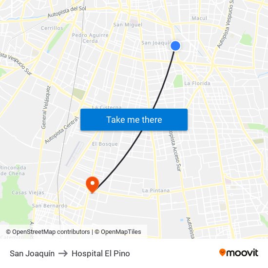 San Joaquín to Hospital El Pino map